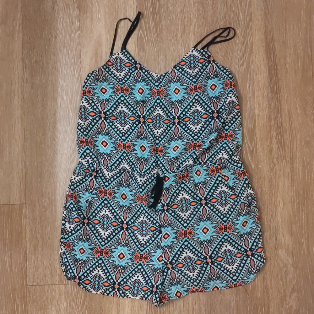 Tropical Romper with Tie Waist and Pockets